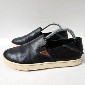 Olukai Shoes Womens 6 Pehuea Black Leather Slip On Loafers Drop In Heel